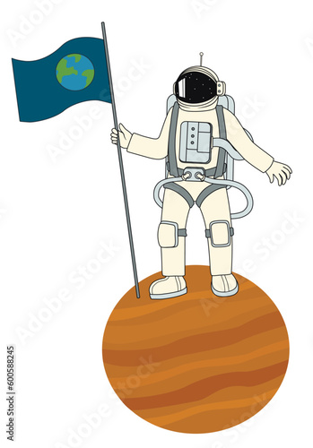Astronaut with flag on planet against white background