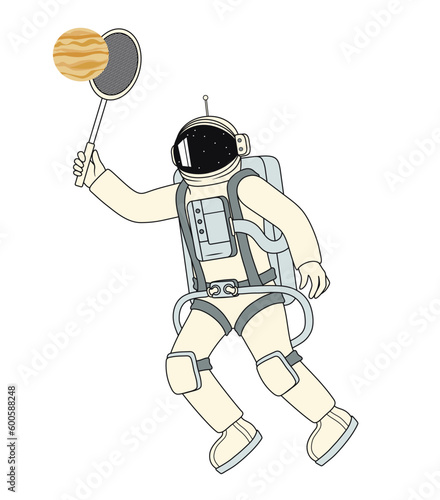 Astronaut playing tennis on white background