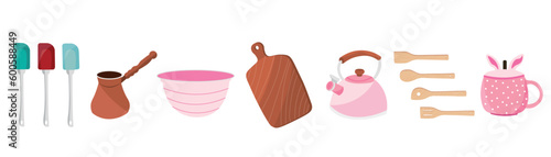 Set of kitchen accessories on white background