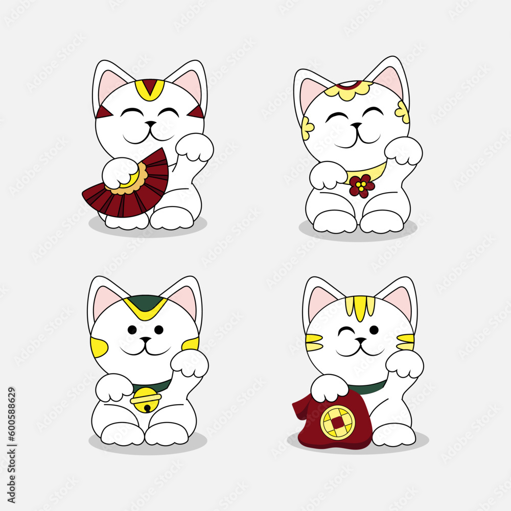 Different cute maneki neko (beckoning cats) on white background