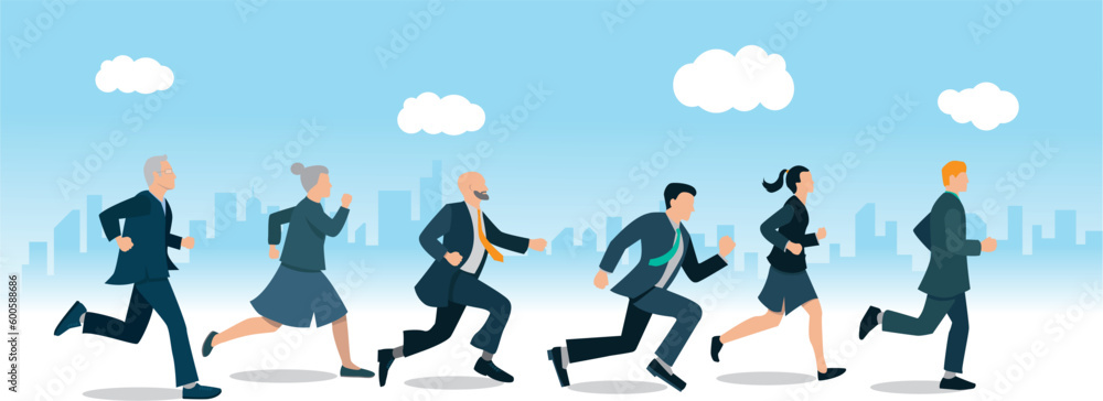 Illustration vectorielle représentant des hommes et des femmes d'affaires qui courent. Symbole de la compétition dans les affaires
