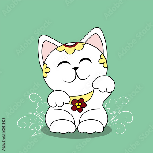 Cute maneki neko (beckoning cat) on green background