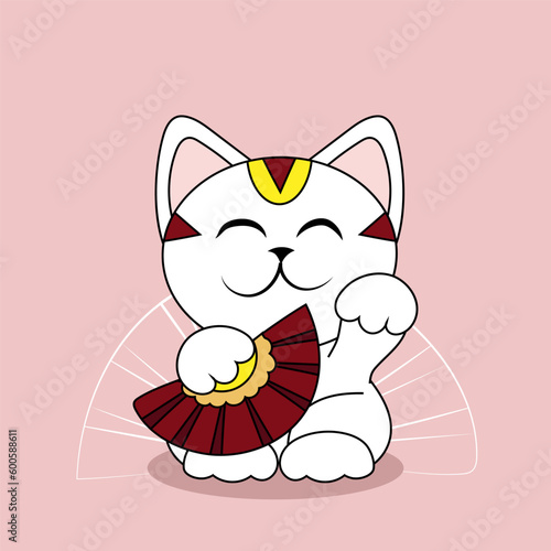 Cute maneki neko (beckoning cat) on pink background