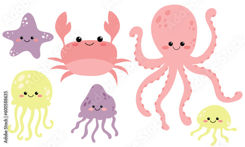 Vector cute set with sea animals. Nautical collection with octopus, crab, jellyfish and starfish. Inhabitants of the sea world in flat design. Cute ocean animals. Marine animals isolated.