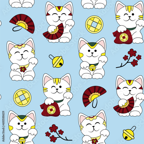 Many cute maneki neko (beckoning cats), coins, fans and flowers on light blue background. Pattern for design