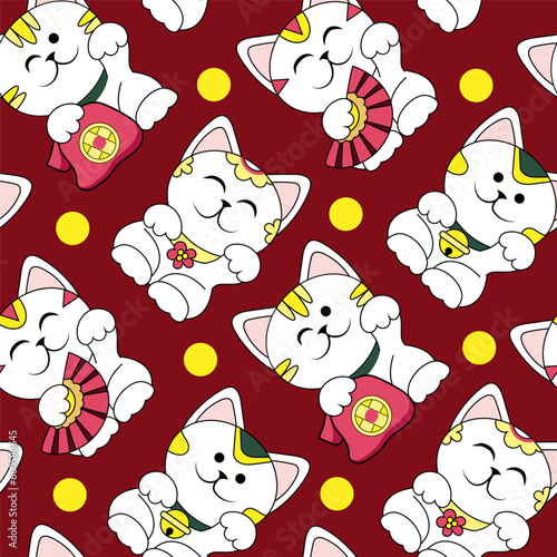 Many cute maneki neko (beckoning cats) and coins on red background. Pattern for design