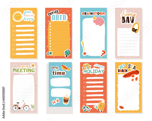Stickers daily planner set. Collection of graphic elements for website. Organization of effective educational process, to do list. Cartoon flat vector illustrations isolated on white background