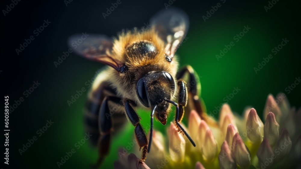 A honey bee on white clover, close up. Generative AI. A honey bee on white clover, close up. Generative AI.