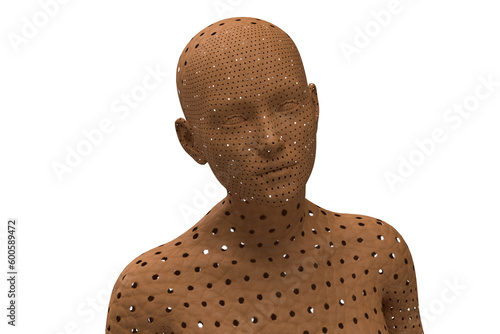 3D render portrait of a gold bald woman on a white background.