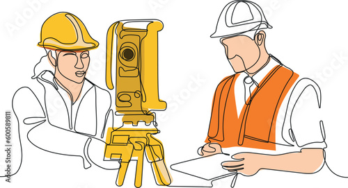 Close up of Caucasian worker with helmet on head using tablet for work while standing in warehouse. Surveyor with a tripod icon. Geodesic tripod. Vector illustration