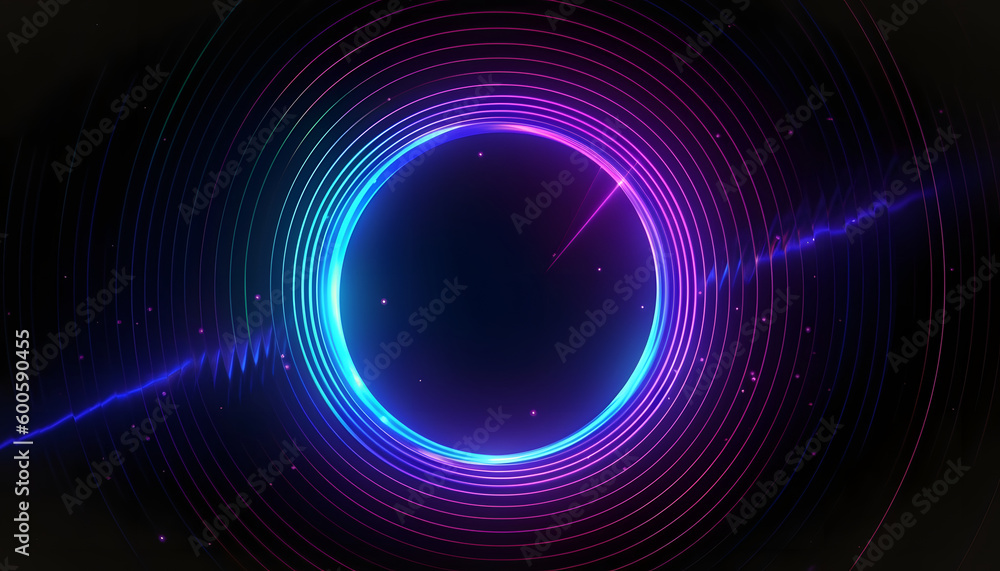 Abstract neon circle lights background with laser rays, and glowing lines