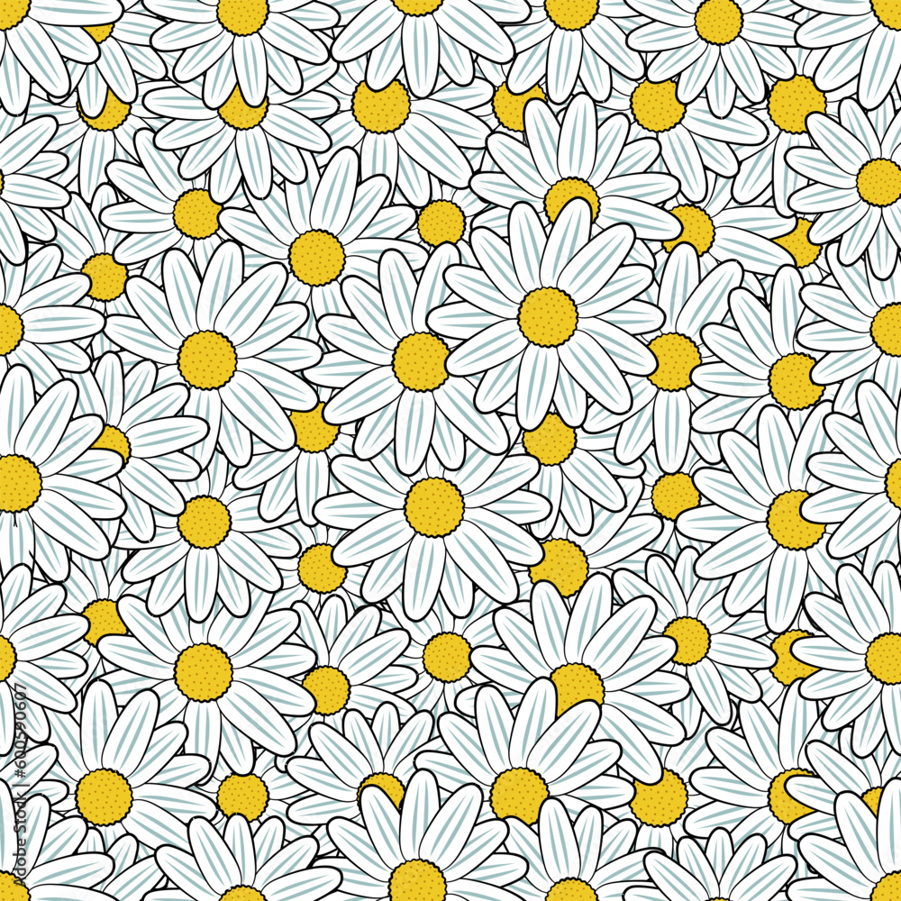 Daisy pattern with white chamomile flowers seamless background vector texture. Spring or summer floral illustration. Tiled background. Repeating tile. Gift wrapper paper.