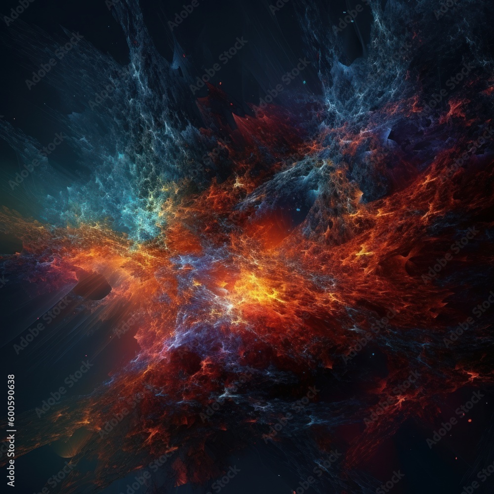 A pattern of energy like a fractal with vibrant colors and dark background. Generative AI. 