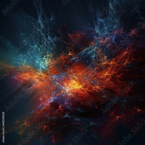 A pattern of energy like a fractal with vibrant colors and dark background. Generative AI. 
