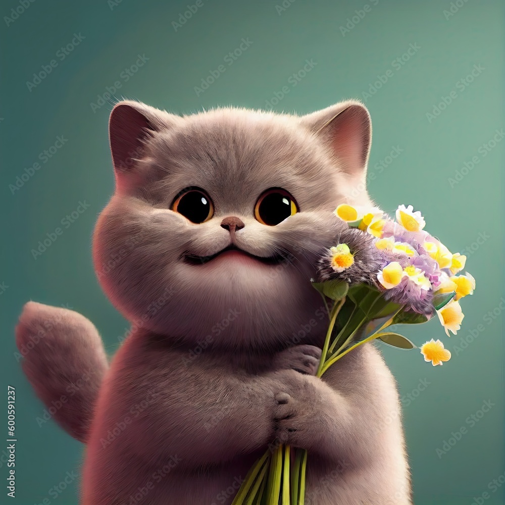 Smiling cute british short hair in cat holding bouquet in colorful flowers isolated warm background. Concept of phonographic in art digital of animal abstract profile. Glorious generative AI. - obrazy, fototapety, plakaty 