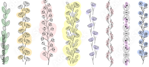 Sketch borders. Rough rustic line frame with flower and foliage. Vertical long floral garland. 