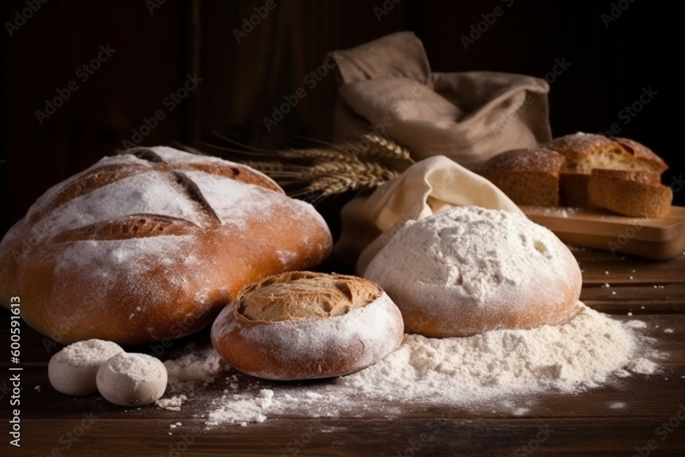 Bread with lour product photography arrangement. Ai generated. Bread with lour product photography arrangement. Ai generated.