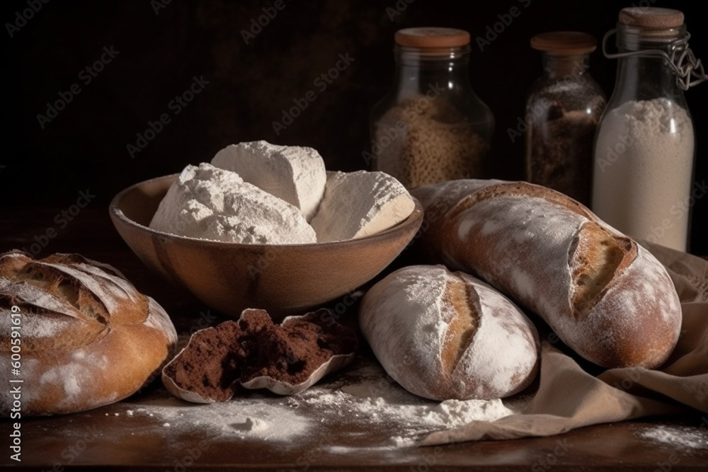 Fototapeta premium Bread with lour product photography arrangement. Ai generated.