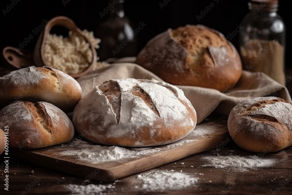 Bread with lour product photography arrangement. Ai generated.