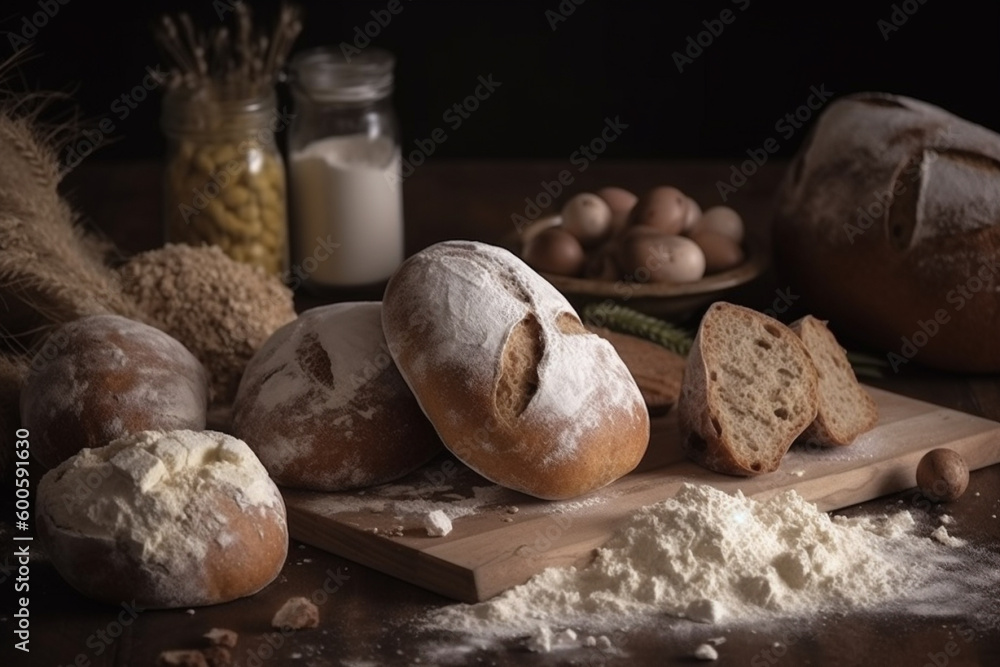 Fototapeta premium Bread with lour product photography arrangement. Ai generated.
