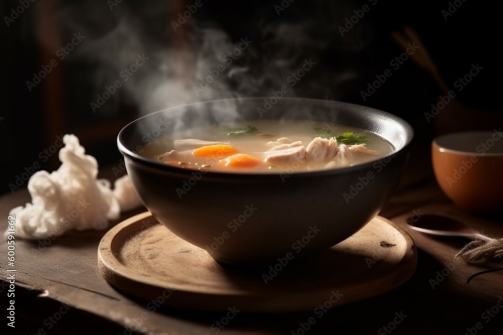 Hot delicious chicken soup product photography with natural lighting. Ai generated Hot delicious chicken soup product photography with natural lighting. Ai generated