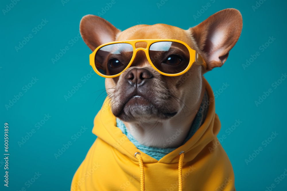 Cool and funny dog in a yellow hoodie with sunglasses isolated on a blue background. Ai generated