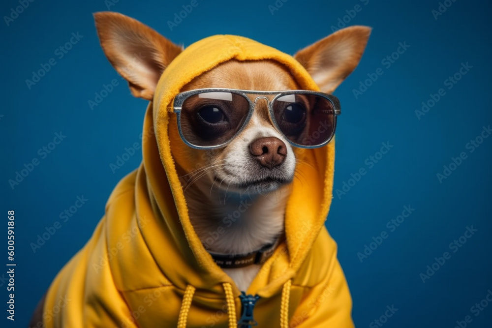 Cool and funny dog in a yellow hoodie with sunglasses isolated on a blue background. Ai generated