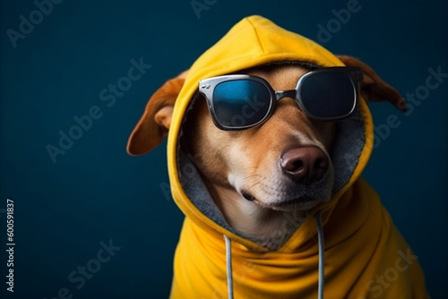 Cool and funny dog in a yellow hoodie with sunglasses isolated on a blue background. Ai generated © dragomirescu