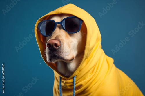 Cool and funny dog in a yellow hoodie with sunglasses isolated on a blue background. Ai generated © dragomirescu