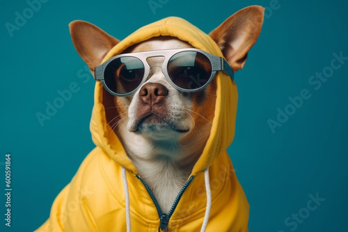 Cool and funny dog in a yellow hoodie with sunglasses isolated on a blue background. Ai generated