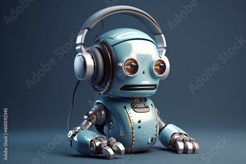 Small futuristic Ai robot listening to music headphones. Ai generated © dragomirescu