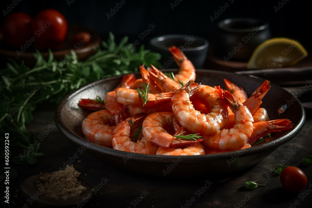 Delicious shrimp in a bowl product photography with natural light. Ai generated Delicious shrimp in a bowl product photography with natural light. Ai generated