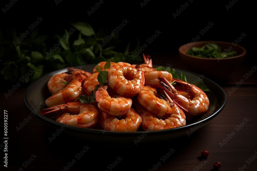 Delicious shrimp in a bowl product photography with natural light. Ai generated Delicious shrimp in a bowl product photography with natural light. Ai generated