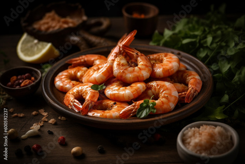 Delicious shrimp in a bowl product photography with natural light. Ai generated