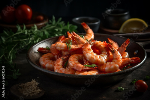 Delicious shrimp in a bowl product photography with natural light. Ai generated