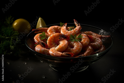 Delicious shrimp in a bowl product photography with natural light. Ai generated