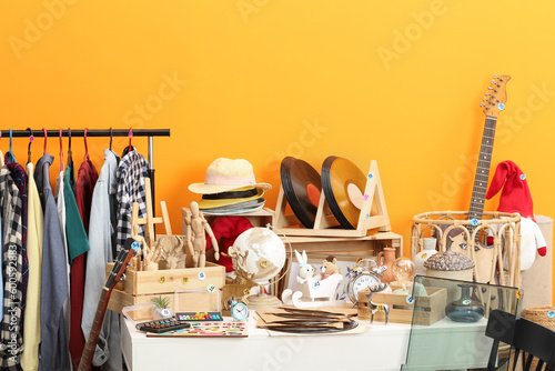 Many different items in room. Garage sale