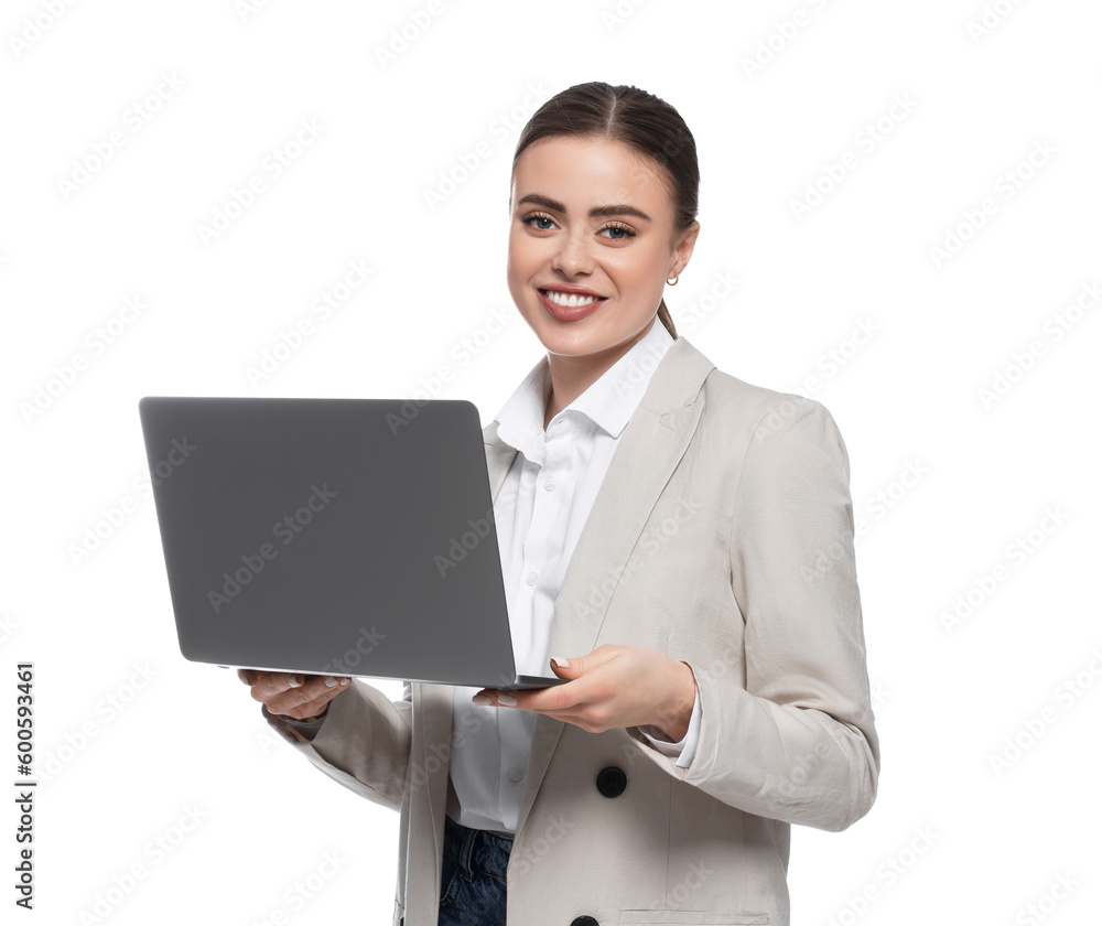 Happy woman with laptop on white background Happy woman with laptop on white background