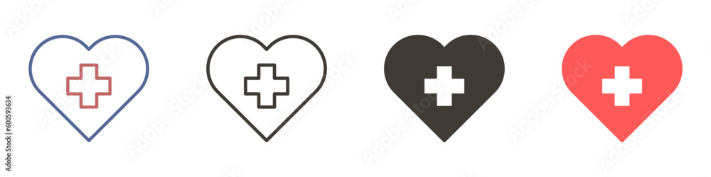 Heart shape with cross inside. Vector icon in 4 different styles. - obrazy, fototapety, plakaty 