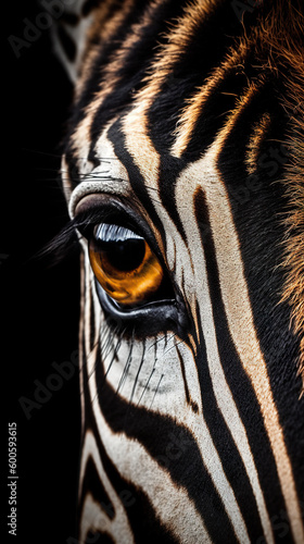 A close up of a zebra's eye with a black background. Generative AI.