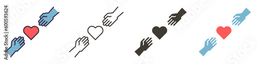 Hands reaching out to eachother with an heart in the middle. Giving and receiving. Holding hands. Vector graphic element illustrations in different styles.