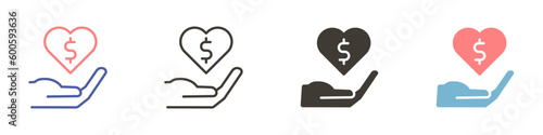 Hand with Heart with a money symbol icon. Philantrophy, giving donation. Vector graphic elements illustrations in different styles.