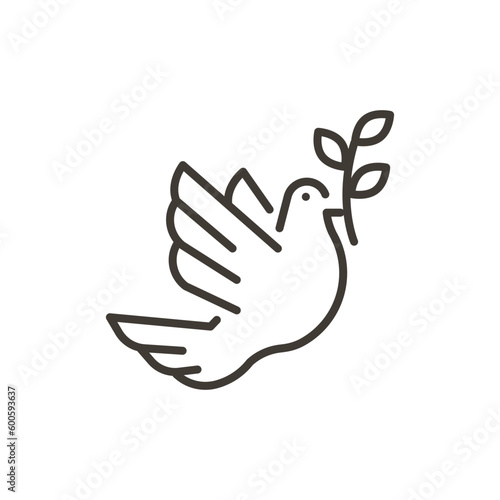 Vector icon. Stylized minimal peace dove. Pigeon with olive branch. White Bird flying
