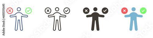 Vector icon in 4 different styles. Person holding positive and negative symbol. Cross and checkmark. red and green. yes and no, false and true concepts. Choices