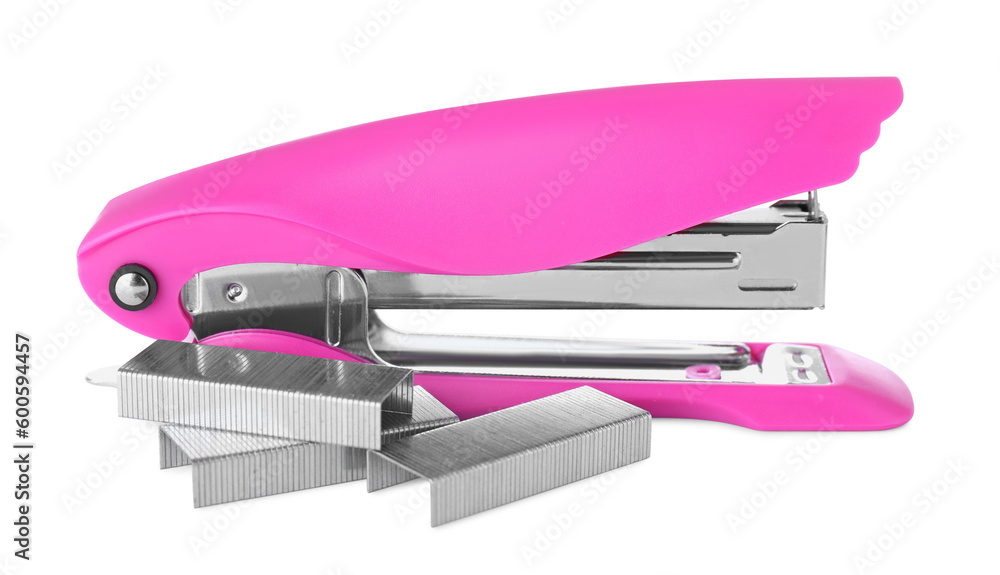 Bright pink stapler with staples isolated on white Bright pink stapler with staples isolated on white