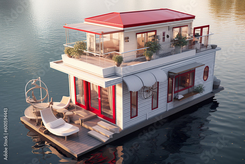 A houseboat floating on top of a body of water. Generative AI. photo