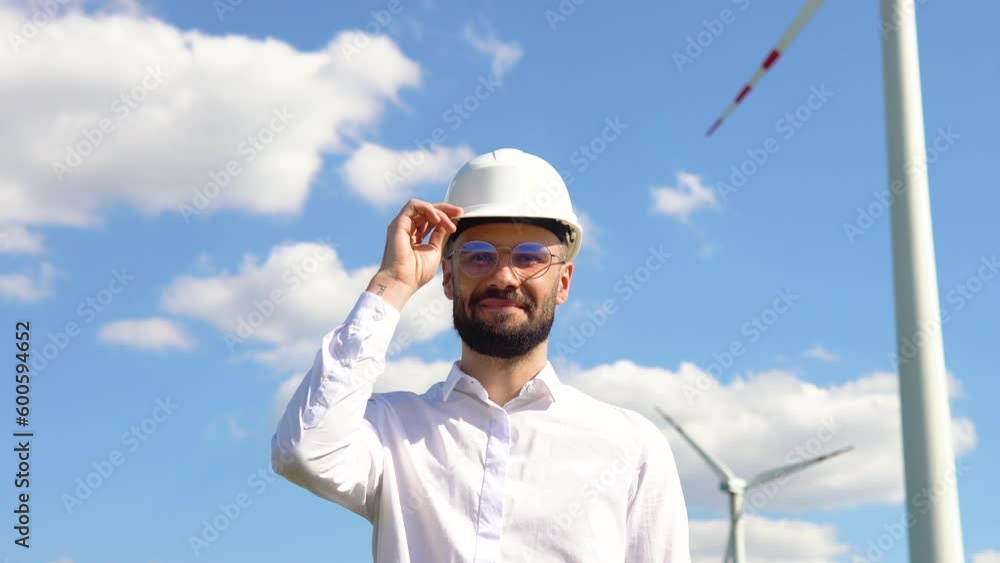 Portrait of engineer at wind farm. Clean renewable energy technologies. Wind power plants Portrait of engineer at wind farm. Clean renewable energy technologies. Wind power plants