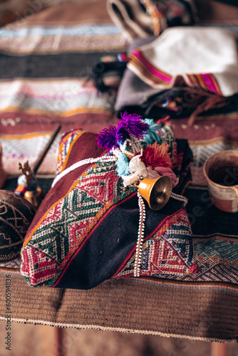 Tools and accessories of an Andean settler, making a payment to the land, Peruvian traditions, Cusco