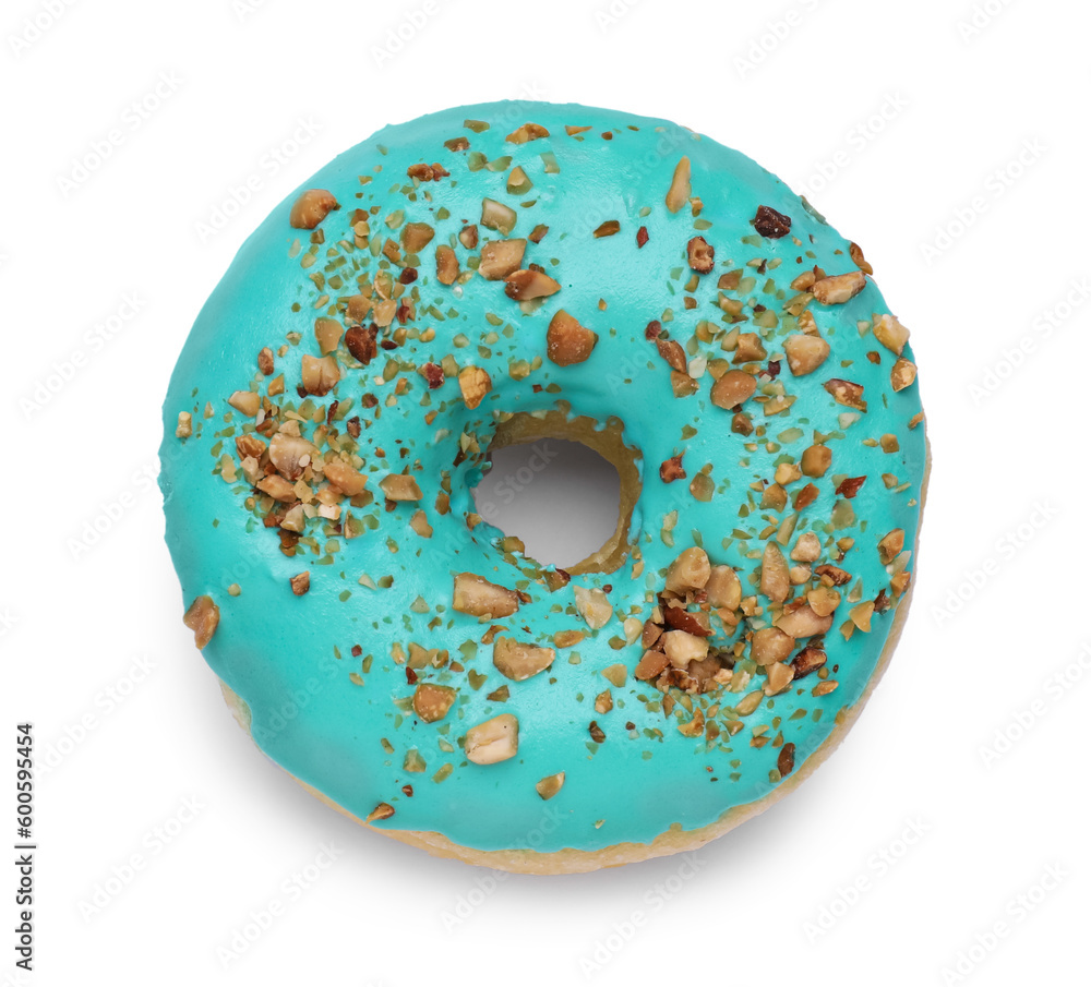 Tasty glazed donut decorated with nuts isolated on white, top view Tasty glazed donut decorated with nuts isolated on white, top view