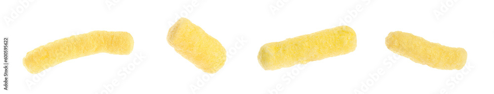 Collage with tasty corn sticks on white background Collage with tasty corn sticks on white background